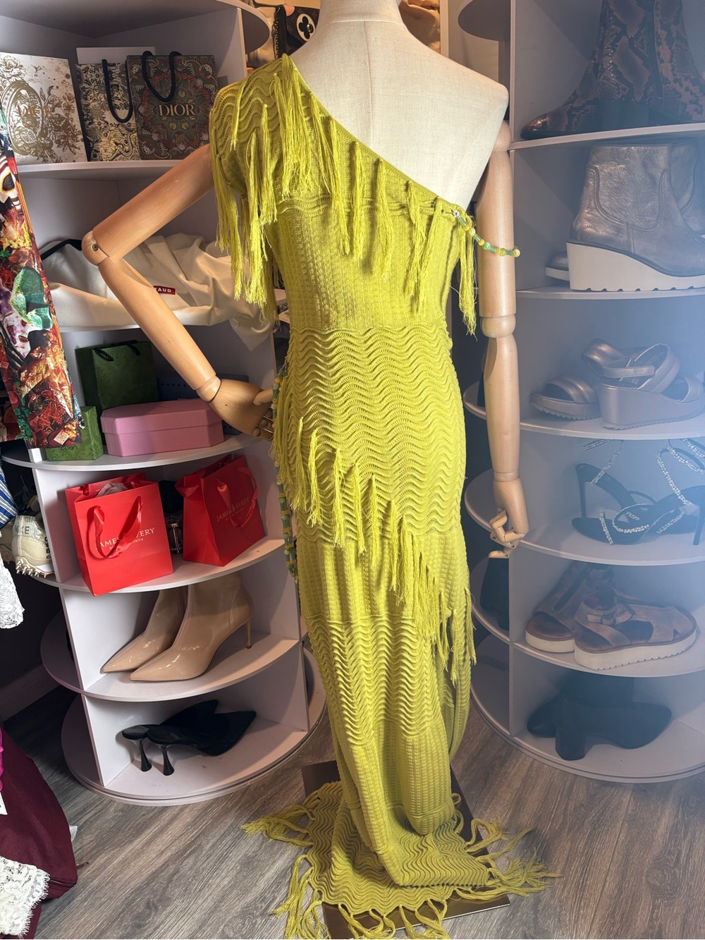 Yllw Frida beaded asymmetrical neck fringe trim slit maxi dress chartreuse XS - Picture 5 of 8
